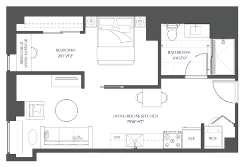 a floor plan of a house with a bedroom and a living room